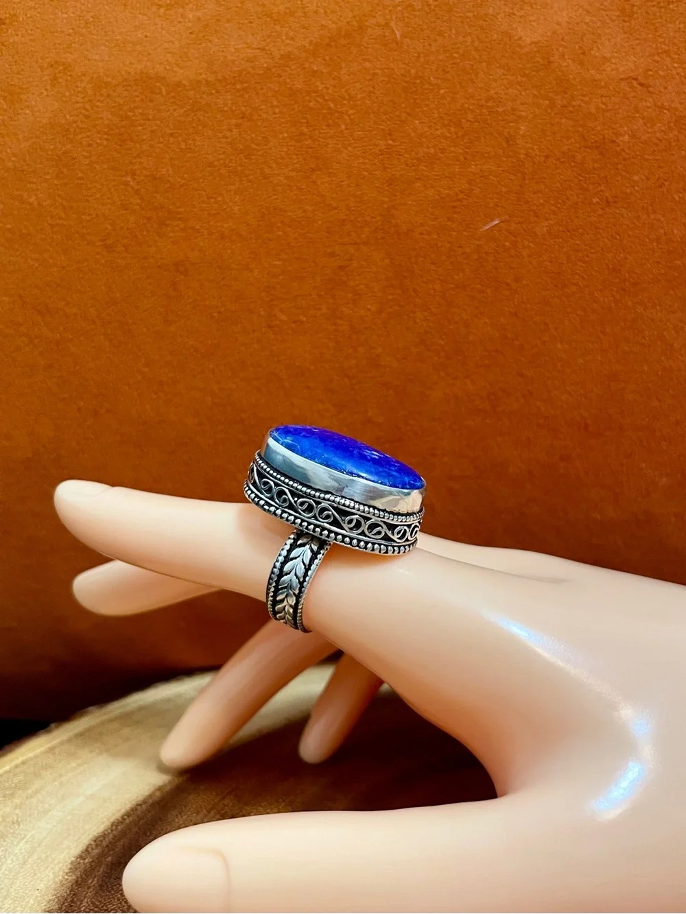 Genuine Lapis Lazuli Silver Over Stainless Steel Oval Statement Ring Unisex NWOT